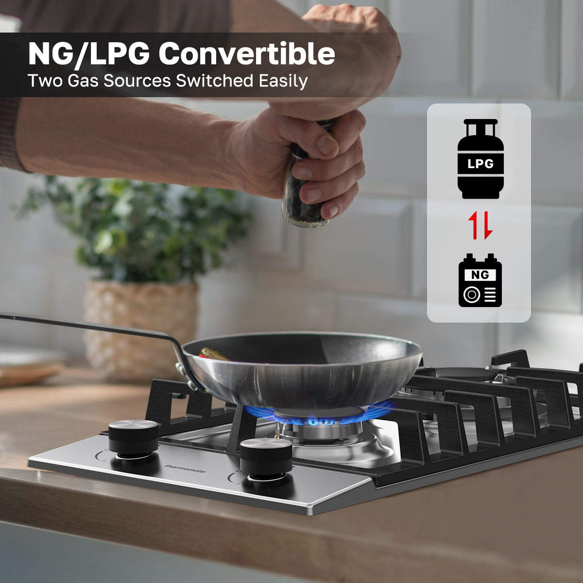 NG/LPG Convertible
Two Gas Sources Switched Easily