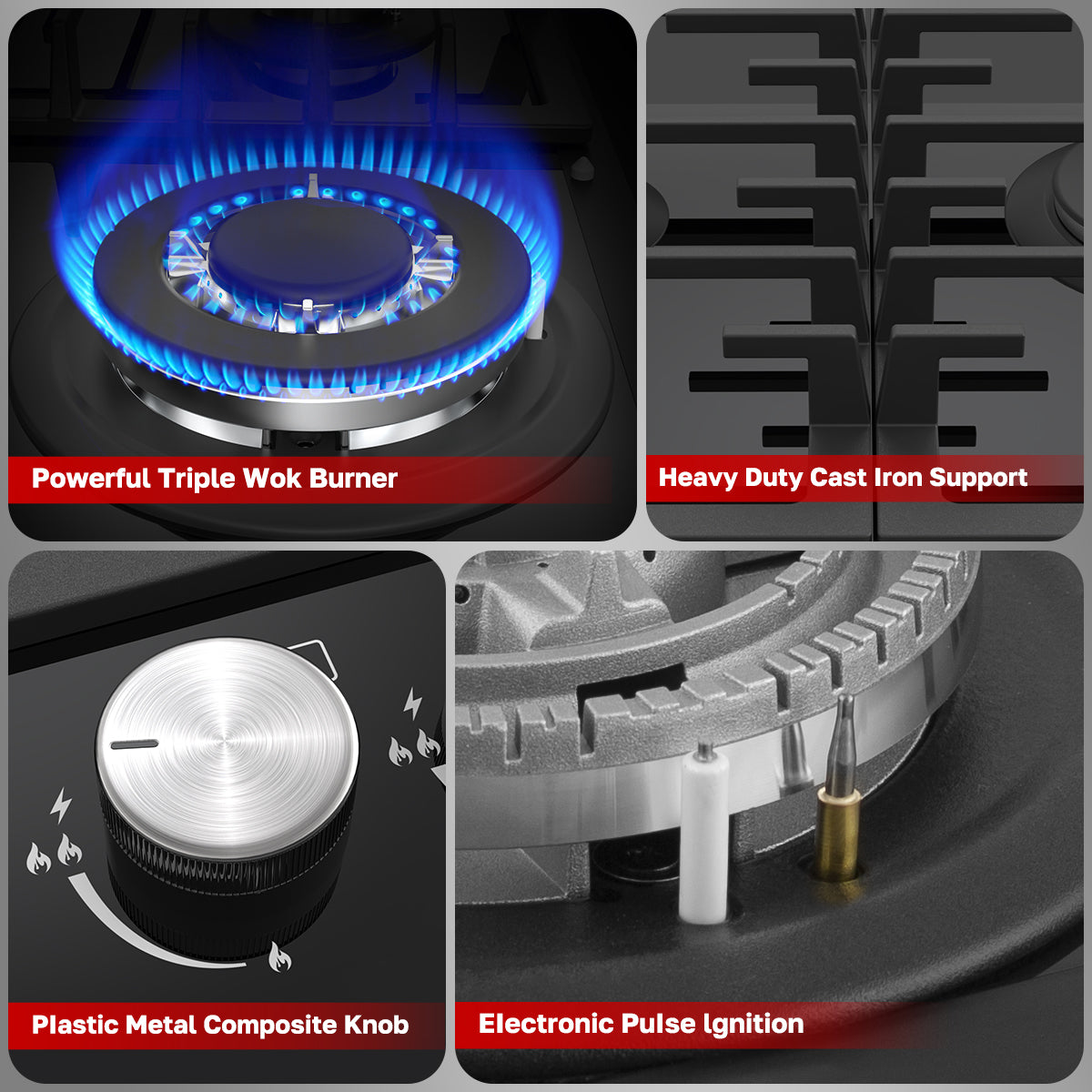 Thermomate Black Built-in 4 Burners Gas Hob - NG/LPG Convertible