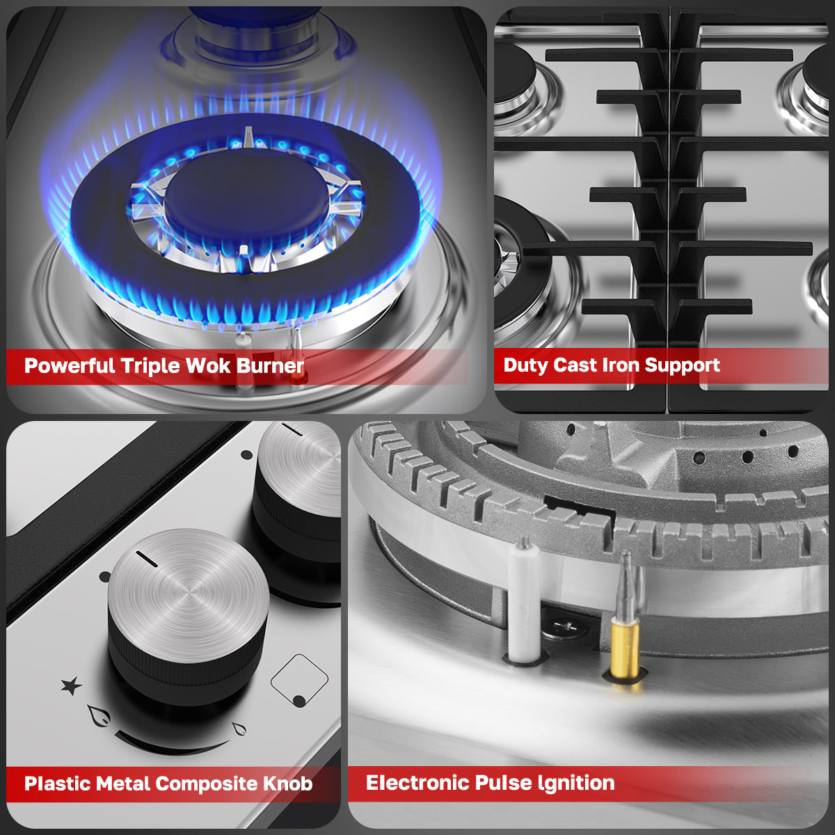 Thermomate Silver Built-in 4 Burners Gas Hob - NG/LPG Convertible