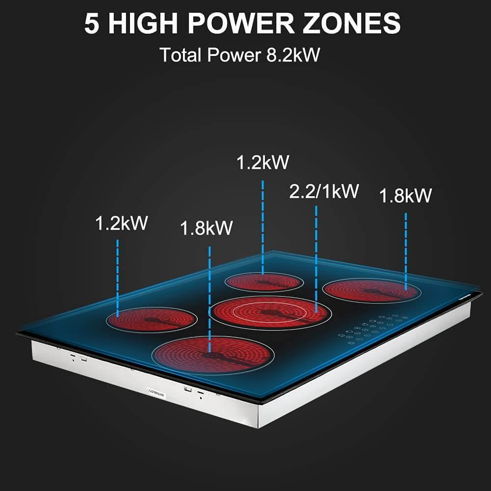 Ceramic Hob, thermomate 77cm Built-in Radiant Electric Cooktop, 8200W Electric Hob with 5 Zones, 9 Heating Level, Timer & Kid Safety Lock, Sensor Touch Control