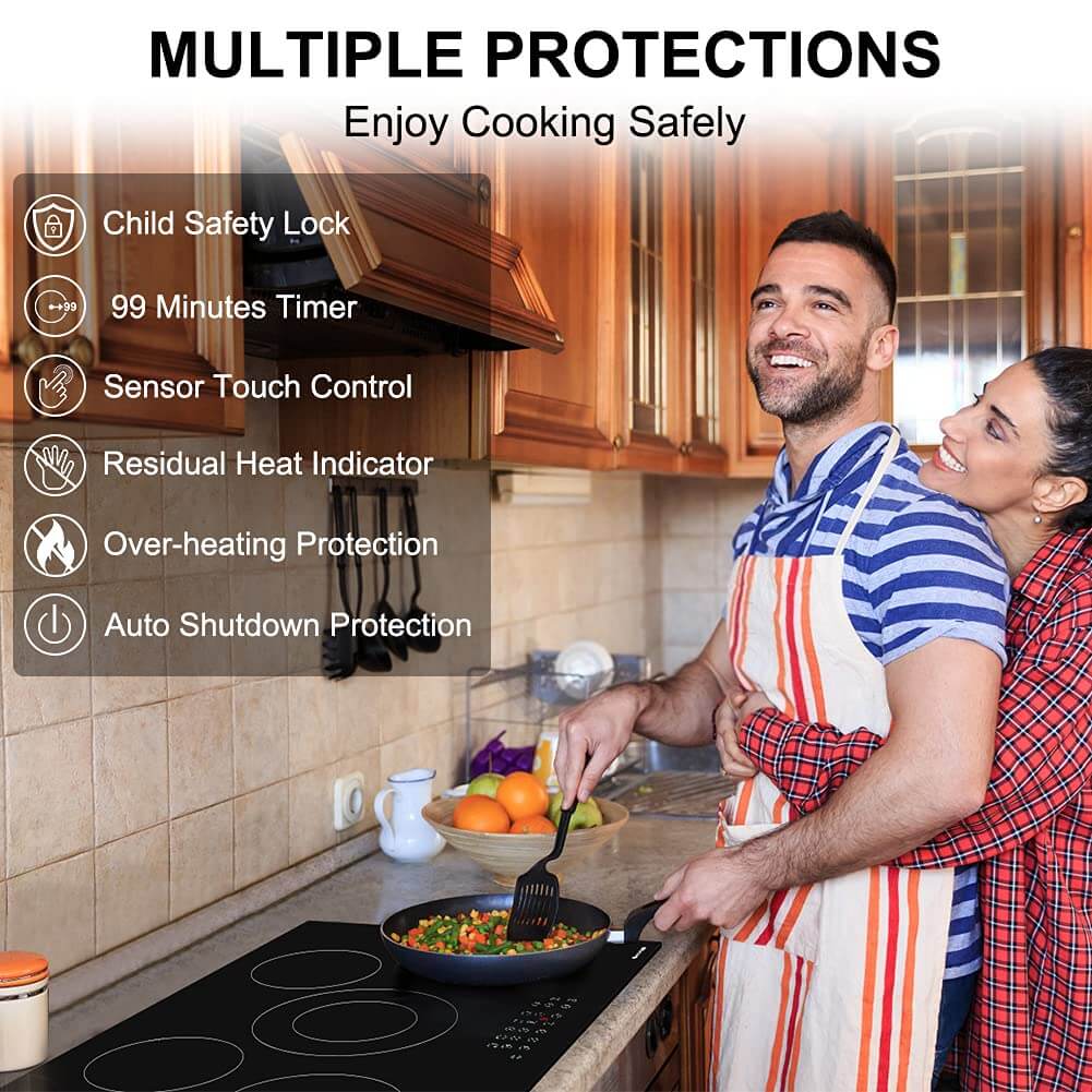 Ceramic Hob, thermomate 77cm Built-in Radiant Electric Cooktop, 8200W Electric Hob with 5 Zones, 9 Heating Level, Timer & Kid Safety Lock, Sensor Touch Control