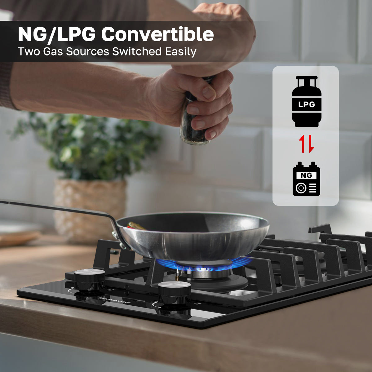 NG/LPG Convertible
Two Gas Sources Switched Easily