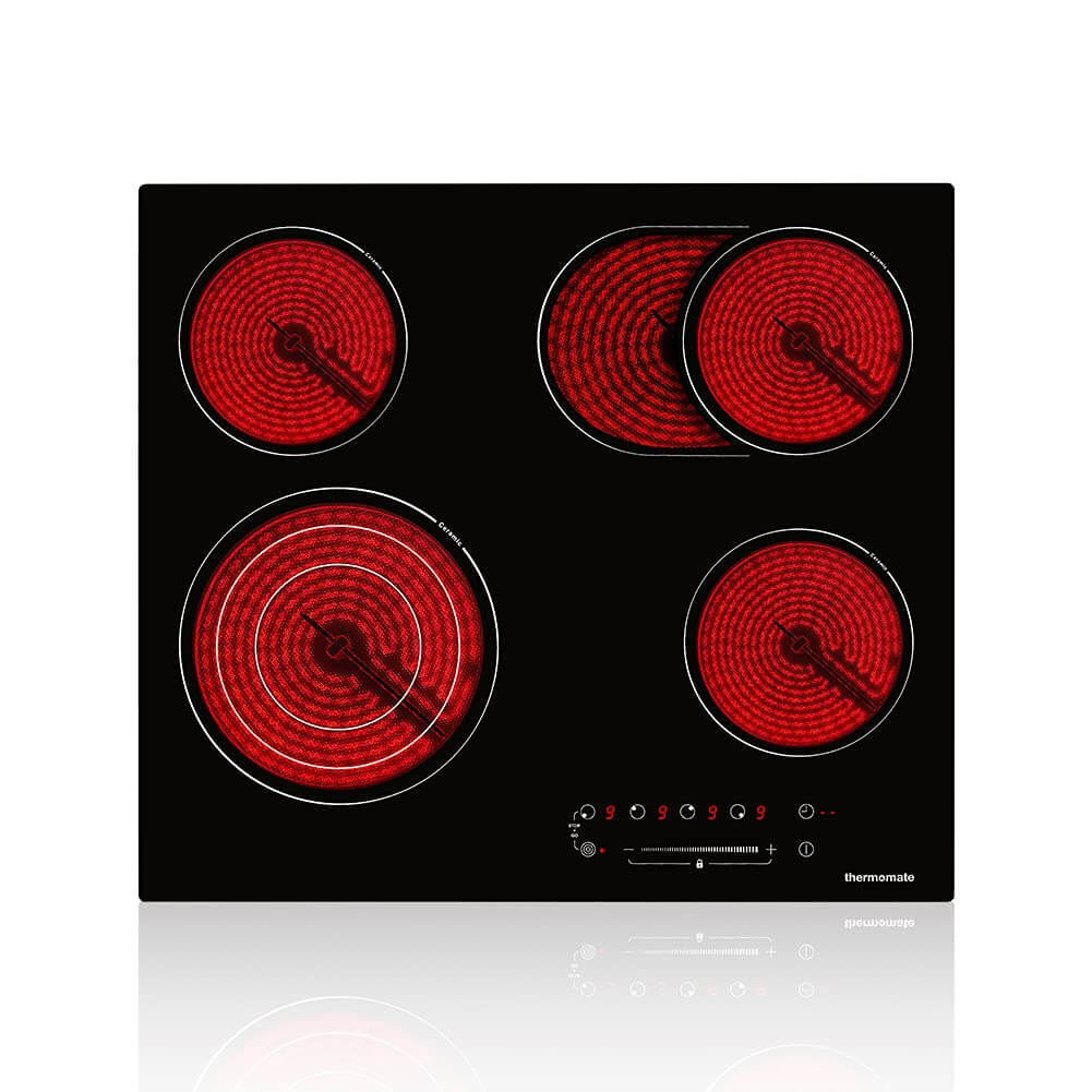 Ceramic Hob, thermomate 60cm Built-in Radiant Electric Cooktop with Stop & Go Function, 6700W Electric Hob with 4 Zones, 9 Heating Level, Timer & Kid Safety Lock, Sensor Touch Control
