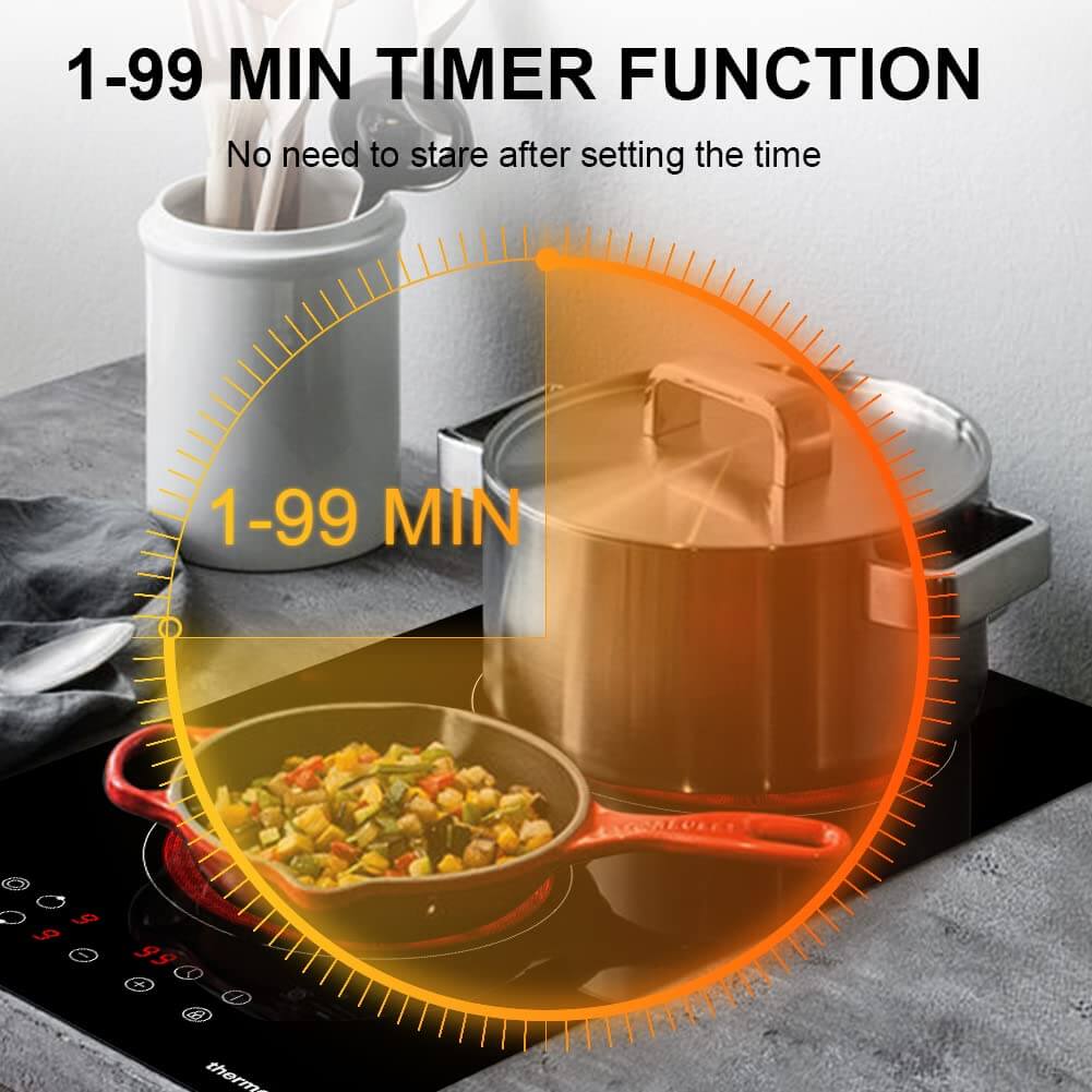 Ceramic Hob, thermomate 30cm Built-in Radiant Electric Cooktop, 3200W Electric Hob with 2 Zones, 9 Heating Level, Timer & Kid Safety Lock, Sensor Touch Control